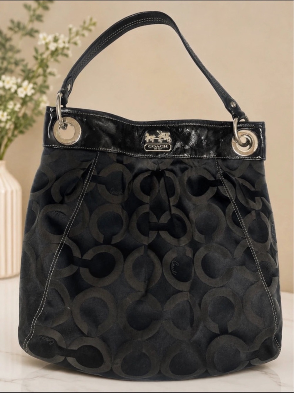 Coach Black Signature Shoulder Bag with Silver Hardware